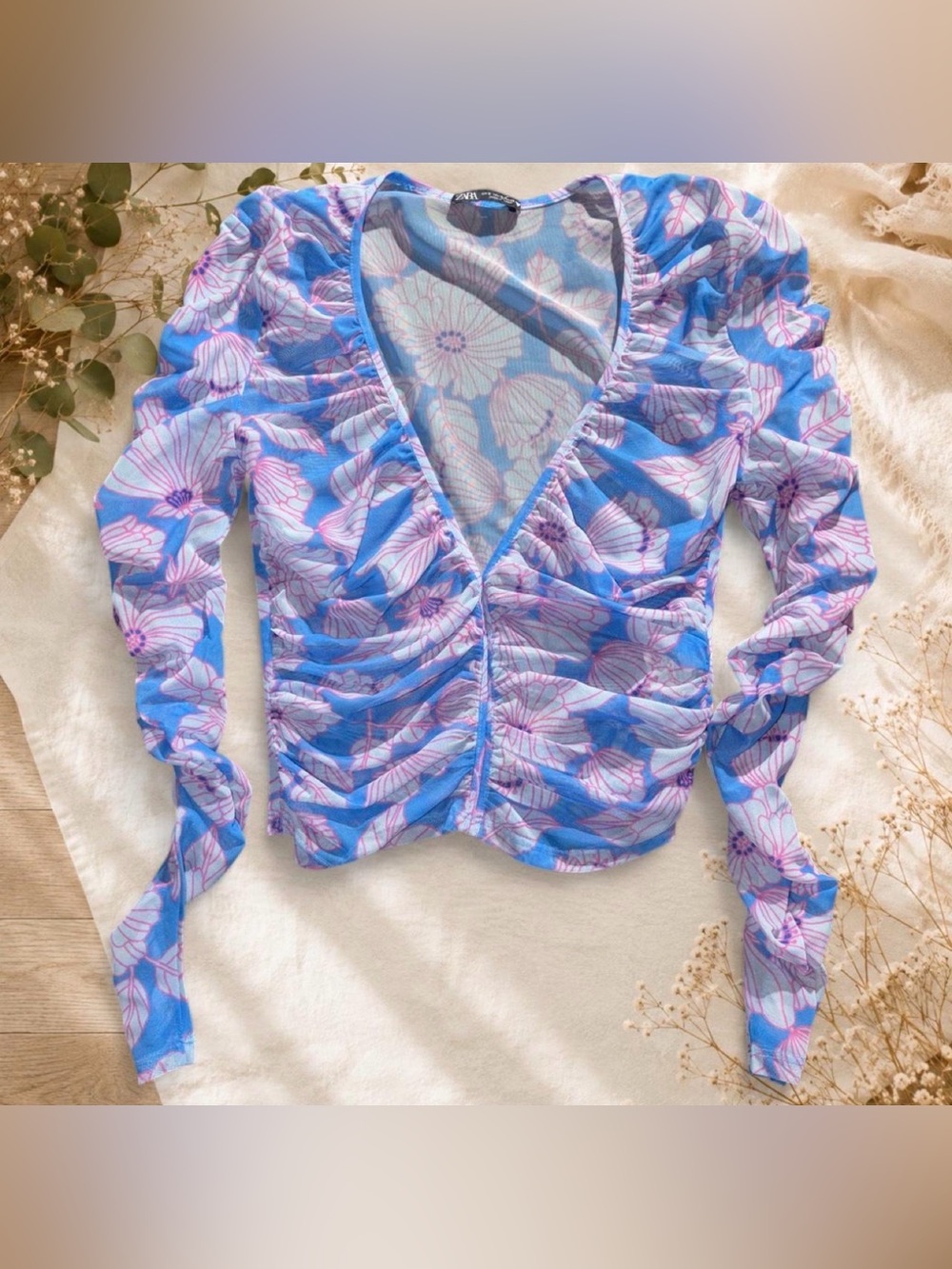 Zara Blue Pink Floral Sheer Ruched Mesh V-Neck Long Sleeve Top Blouse S